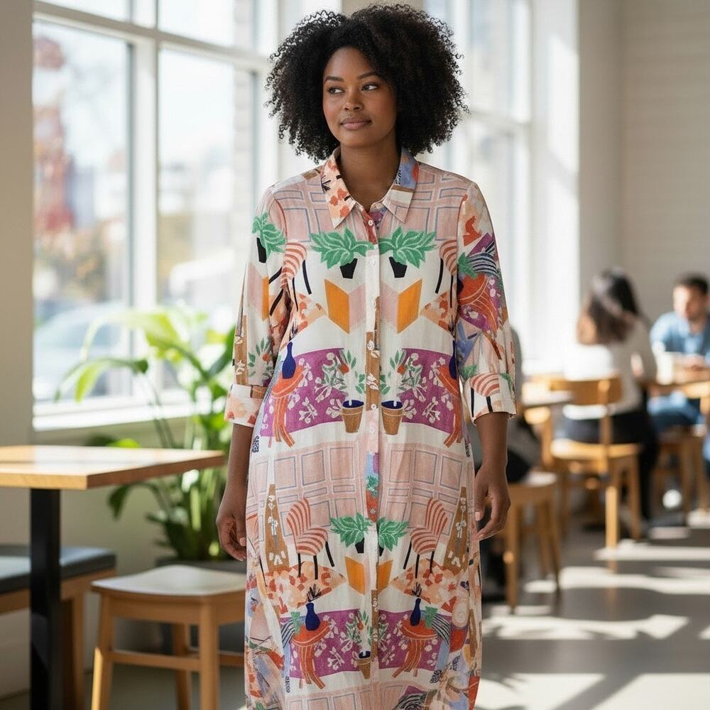 Poetry Multicolor Linen Blend Long Sleeve Plant Print Maxi Shirt Dress Size‎ 6